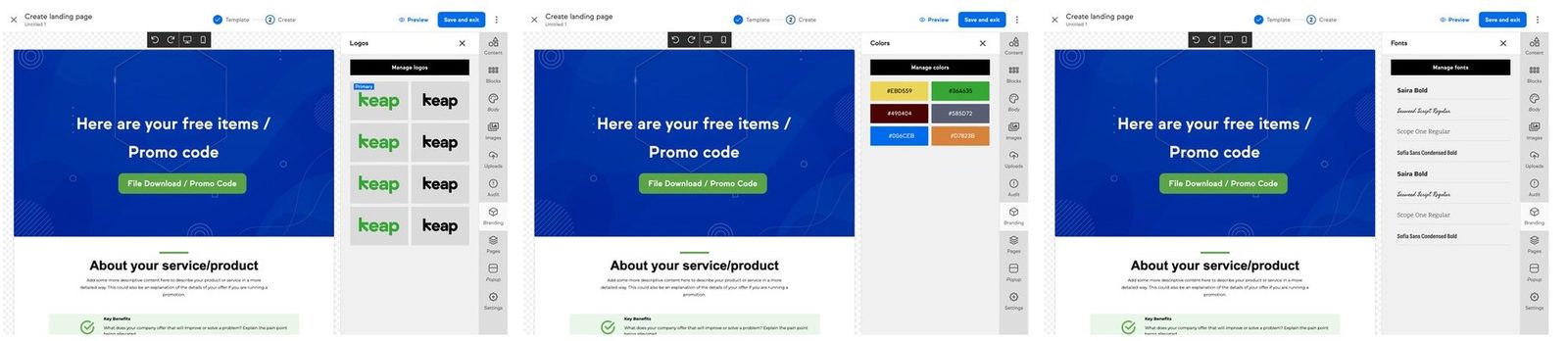 Three landing page builder screens side by side, each with a Branding panel open: logos with one badged Primary, brand colours as hex swatches, and the brand font list