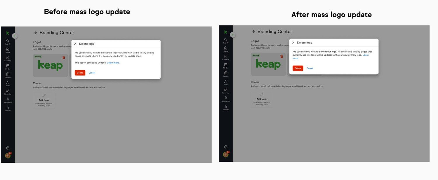The Delete logo dialog before and after: the first warns the logo stays visible until each asset is updated, the second states every email and landing page will be updated with the new primary logo