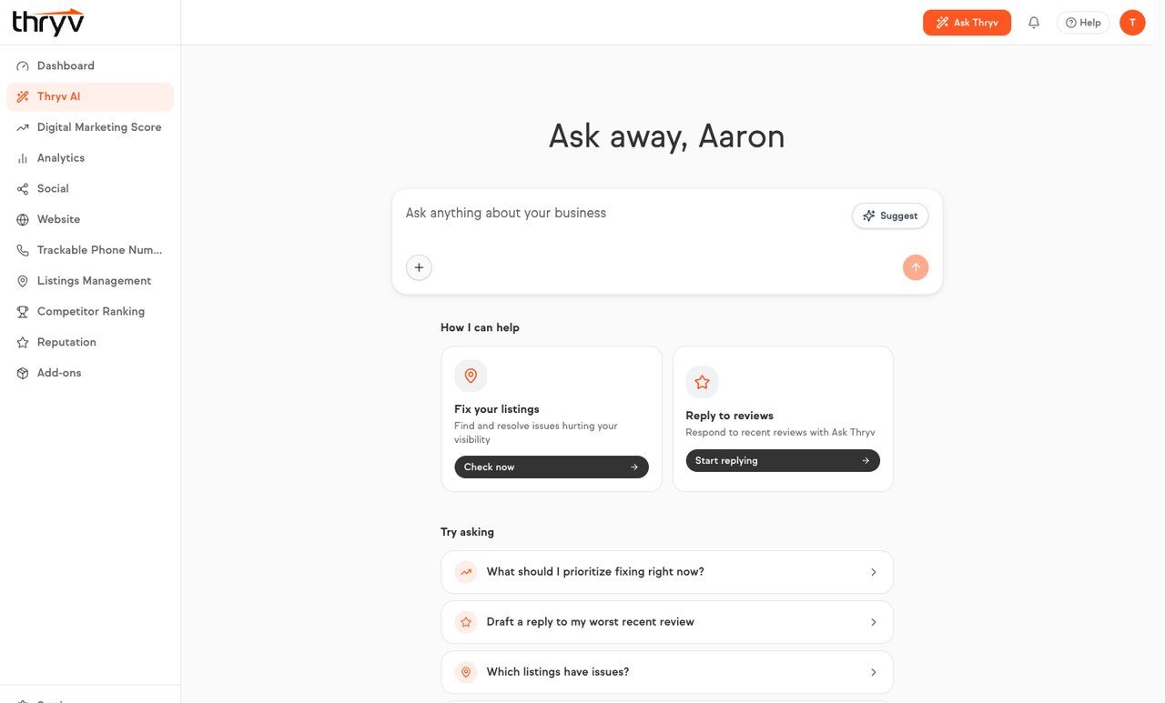 The AI assistant screen with suggested prompts including What should I prioritize fixing right now, Draft a reply to my worst recent review and Which listings have issues