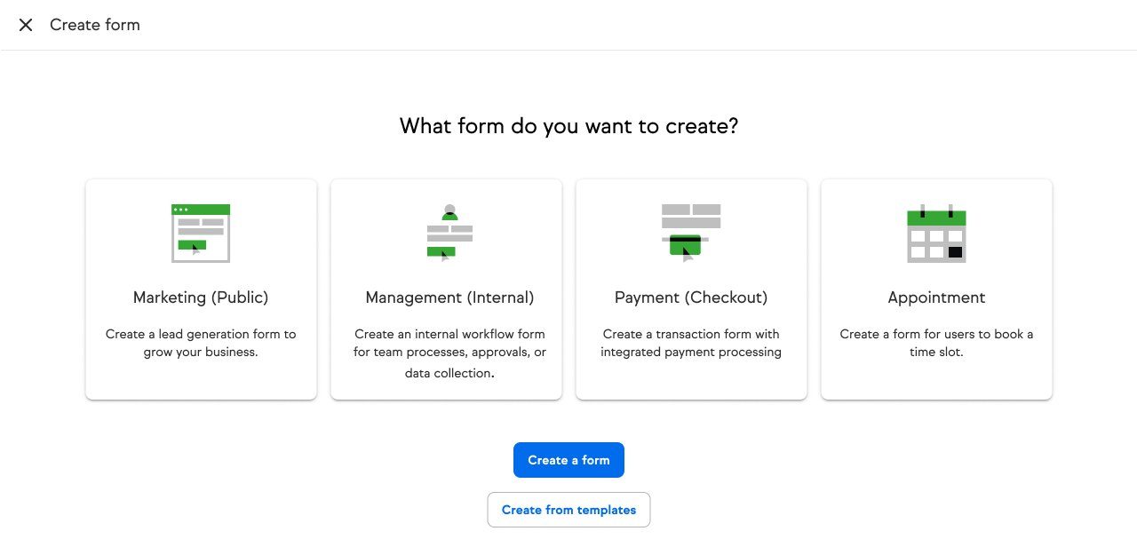 Create form screen asking What form do you want to create, with four cards: Marketing (Public), Management (Internal), Payment (Checkout) and Appointment